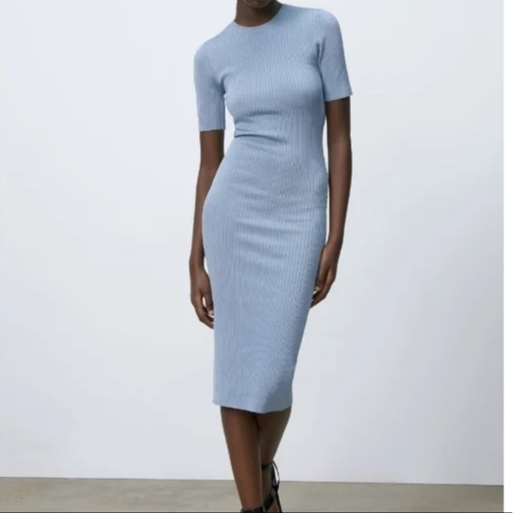 ZARA NWT Stretchy Ribbed Knit Dress w/Sexy Back Opening Dusty Blue Form …